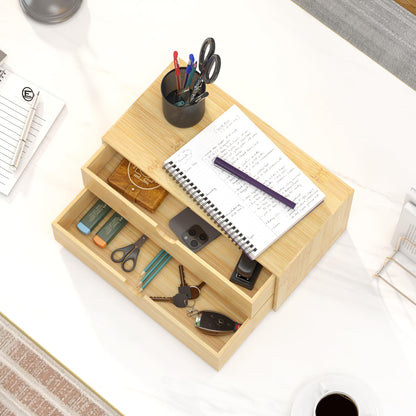 Wisuce Desk Organizer with Drawers - Bamboo Desktop Organizer Storage | White-Natural Wood Desk Drawers Organizer for Bills, Office Supplies, Cosmetics, Seals No Assembly Required(2 drawers edge-free)