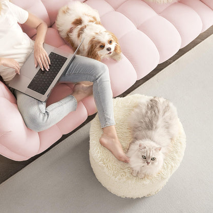 Hansleep Round Stuffed Pouf Ottoman 20 x 15, Foam Filled Faux Fur Ottoman Foot Rest for Chair with Washable Cover, Foot Stools Under Desk for Living Room & Bedroom, Beige