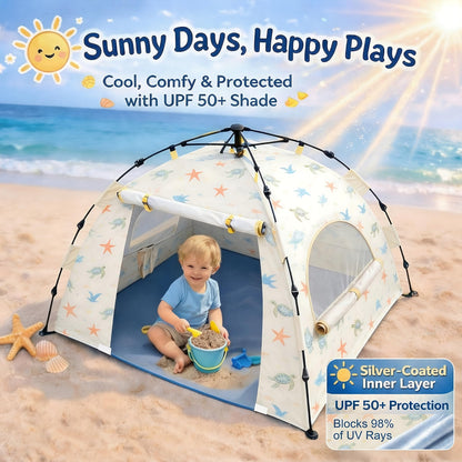 Baby Beach Tent Pop Up Sun Shelter with UPF 50+ UV Protection, Silver-Coated Interior, Breathable Mesh Ventilation, Easy Setup, Wind-Stable Beach Shade for Infants & Toddlers
