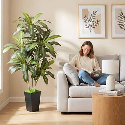 Artificial Dracaena Tree 6FT, Fake Tree with Black Tall Planter - Faux Yucca Tall Fake Floor Plant in Pot - Artificial Plant for Home Office Living Room Decor Indoor