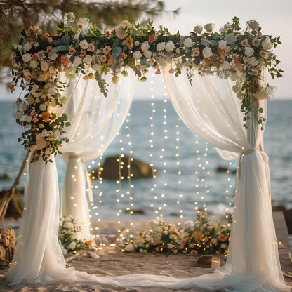 Fomcet Tulle Backdrop Curtains with Lights String White 10FT X 8FT Sheer Curtain with Lights Tulle Curtains Backdrop for Wedding Birthday Party Baby Shower Photo Shoot (2 Panels 5x8FT)