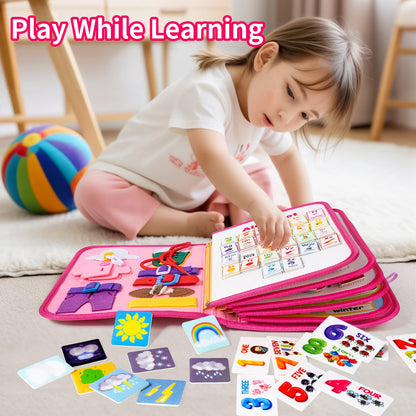 Toddler Busy Board, Montessori Busy Book for Toddlers, 12-Page Quiet Educational Activity Book, Learning Sensory Toys for Motor Skills, Travel Toy for Car Airplane, Girl Kids Birthday Gifts (Pink)