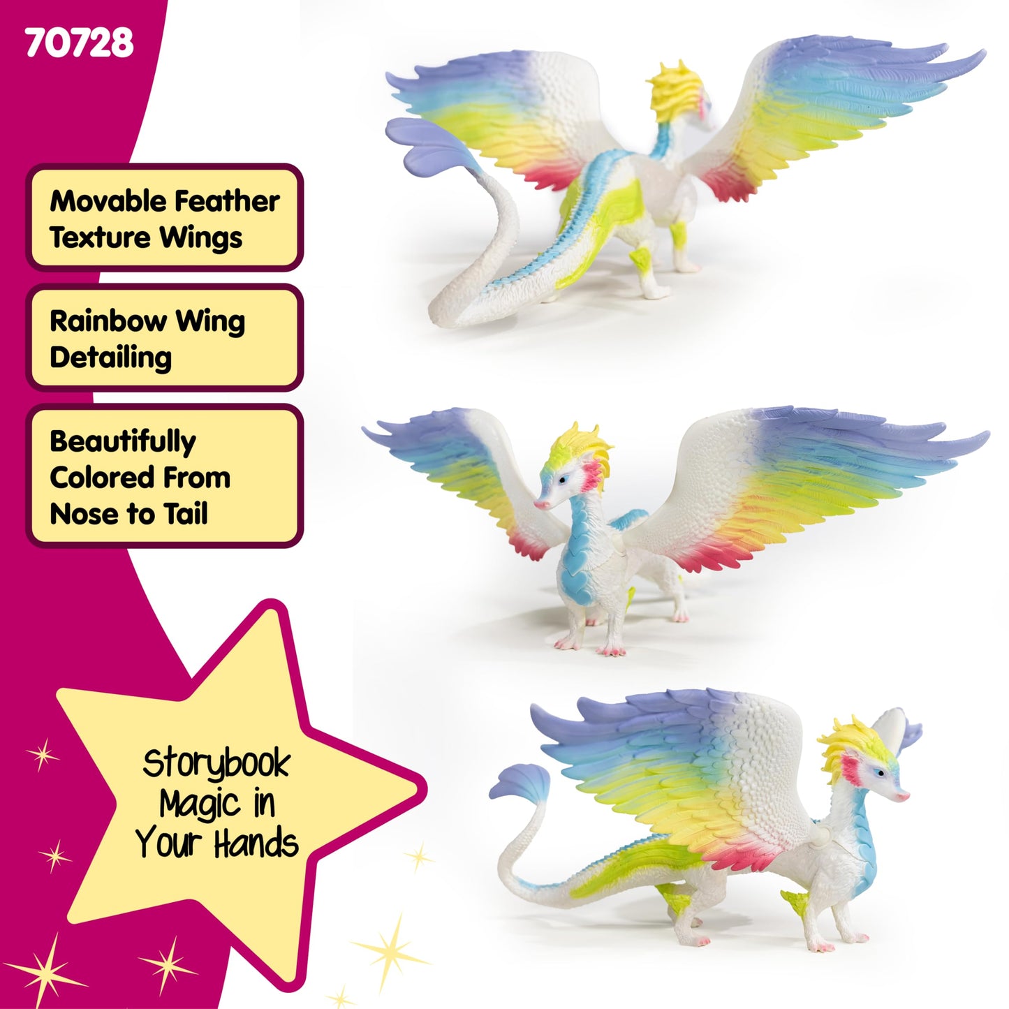 schleich Bayala - 13” Rainbow Dragon Figurine with Movable Wings - Winged Mythical Creature Figure with Glittering Body - Colorful Girl Dragon Toy for Imaginative Play - Kids Ages 5+ | 70728