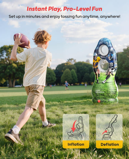 QPAU Life-Size Inflatable Football Target with Dual-Hole & Water-Filled Base - Includes 4 Balls, 2 Pumps & Dry Erase Scoreboard - Heavy Duty Outdoor Backyard Sports Toss Games for Kids, Teens & Adults