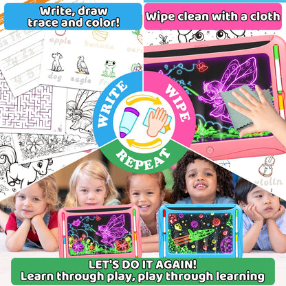 Magic LED Drawing Board for Kids, Girl Toys for Ages 5-7, Christmas Birthday Gifts, Light Up Tracing Pad, 9 Double-Sided Cards, 6 Markers, Neon Effect Doodle Writing Tablet, Arts Crafts Learning Toy