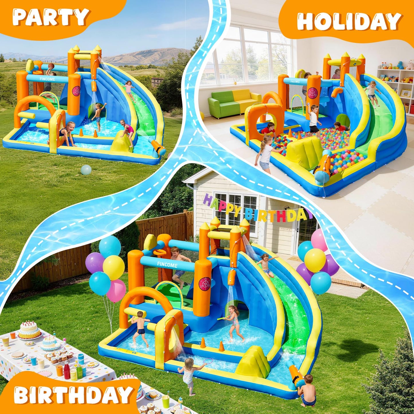 FINCOME Inflatable Bounce House with Water Slide, Kids Bouncy Castle with 480W Blower Slide Steeplechase Jumping Climbling Ring Toss Ball Hoop, Outdoor Indoor Bouncing House for Birthday Party Holiday