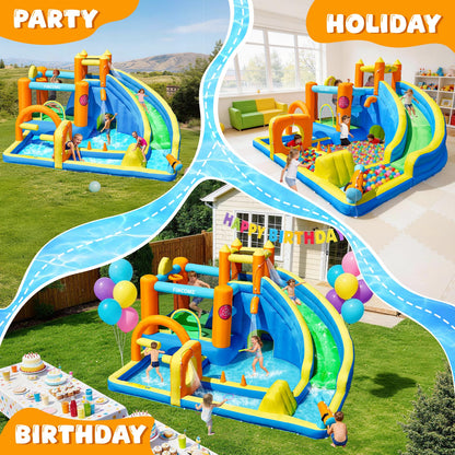FINCOME Inflatable Bounce House with Water Slide, Kids Bouncy Castle with 480W Blower Slide Steeplechase Jumping Climbling Ring Toss Ball Hoop, Outdoor Indoor Bouncing House for Birthday Party Holiday