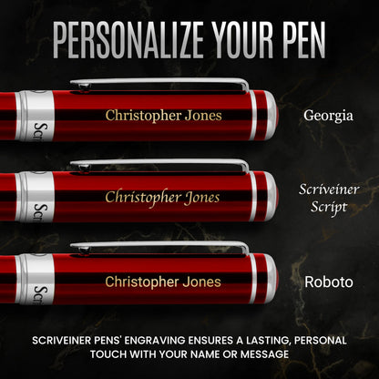 Scriveiner Personalized Deep Crimson Red Ballpoint Pen - Stunning Red Lacquer Luxury Pen with Chrome Finish, Schmidt Ink Refill, Engraved Ball Point Gift Set for Men & Women, Custom Engraving