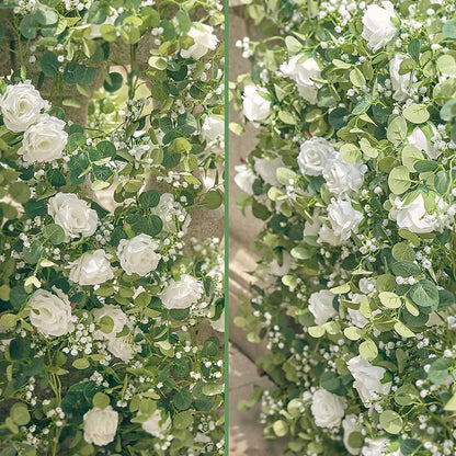 Anna's Whimsy 5.91FT Artificial Eucalyptus Garland with Flowers, Fake Flower Rose Gypsophila, Faux Floral Greenery Garland for Wedding Spring Home Party Craft Art Table Runner Decor