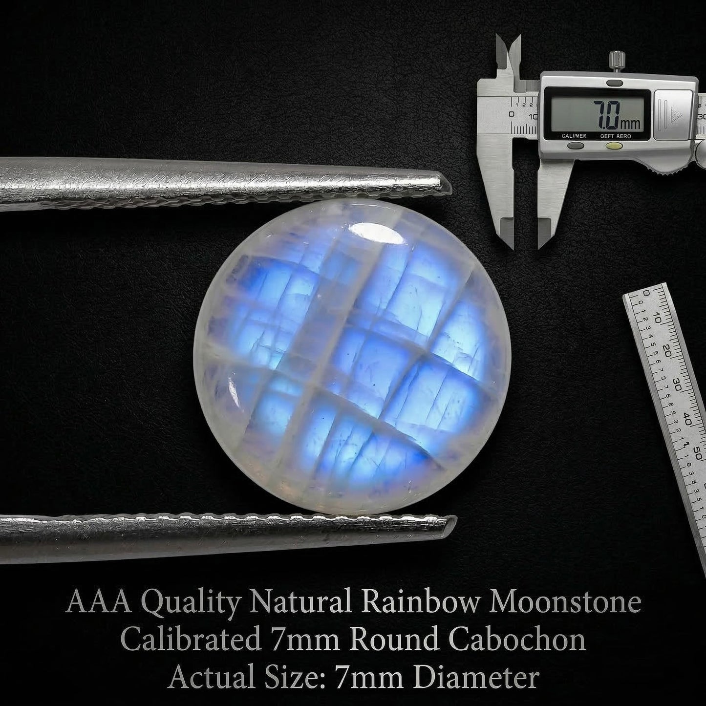 7mm Round Blue Fire AAA Quality Natural Rainbow Moonstone Calibrated Cabochon Loose Gemstone 11 pcs Box.
