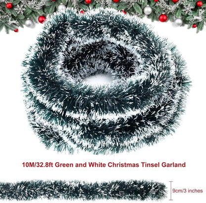 32.8 Ft Christmas Tinsel Garland, Dark Green Garland-Thick White Snow Metallic Garland for Christmas Tree, Wedding Birthday Xmas Disco Holiday Party