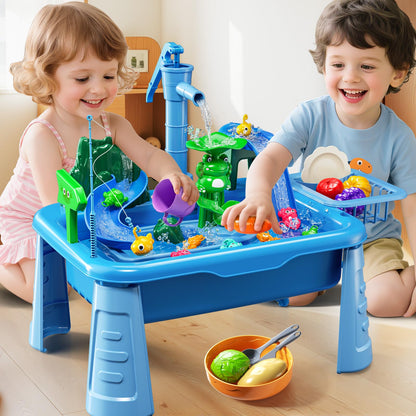 Water Table Play Sink Toy for Kids 2 3 4 5 6 Years Old - Outdoor Kitchen with Running Water, Fishing Games, Toddler Water Play Table for Kids Ages 3-8, Beach Outdoor Toys, Birthday Gifts 2+ 3-5 (Blue)