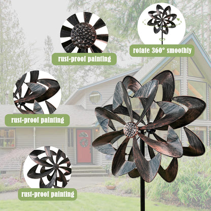 THESEATOP 74’’ Wind Spinner Outdoor for Yard and Garden, Double-Sided Large Metal Kinetic Wind Spinner with Classical Design, Stable 3-Prong Stake, Yard Art Decor for Patio Lawn (Bronze)