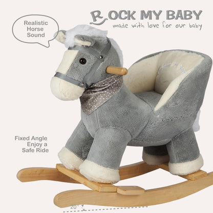 Rock My Baby Rocking Gray Horse with Chair, Plush Stuffed Rocking Pony with Realistic Sound, Baby Rocker Animal for Toddlers 1-3 Ride on,CPC Certified