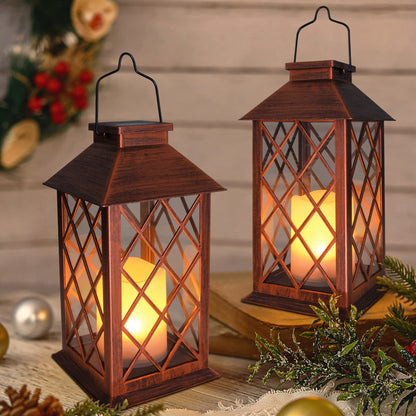 [2 Pack] TAKE ME 14" Solar Lantern Outdoor Garden Hanging Lantern Waterproof LED Flickering Flameless Candle Mission Lights for Table,Outdoor,Christmas Gifts Mom Wife