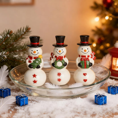 NEROSUN Christmas Snowman Figurines, Set of 3 Ceramic Cute Snowman Ornaments Christmas Decorations, Winter Table Centerpiece for Indoor Cabinet Mantel Fireplace Holiday Xmas Decor