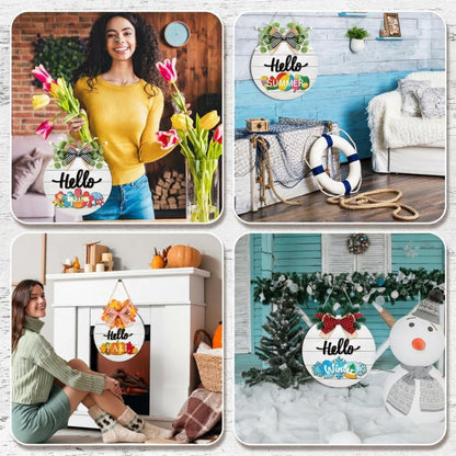 Burbell 21 Pcs Interchangeable Welcome Sign for All Holiday 4th of July Front Door Decor with 4 Bows, 4 Characters and 12 Changeable Icons Farmhouse Door Wall Wreath Home Decor Seasonal Wooden Sign