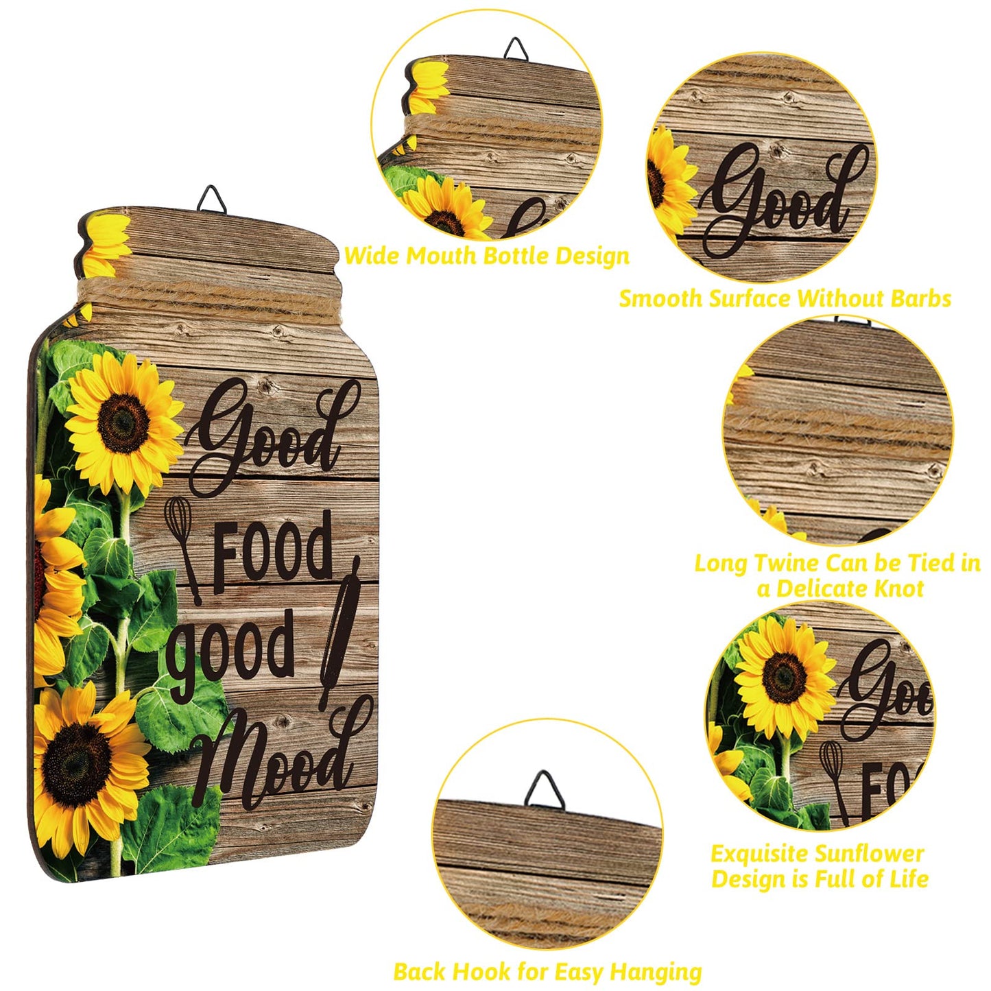 4 Pcs Kitchen Wall Decor Mason Jar Set Wooden Rustic Home Decor Inspirational Kitchen Hanging Farmhouse Wall Signs for Home decoration(Sunflower)