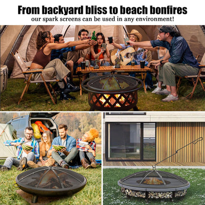 Fire Pit Spark Screen, 40Inch Fire Pit Lid Outdoor with Handle & Poker, Heavy-Duty Mesh Firepit Cove with 12 Reinforced Bars for Backyard/Beach/RV Camping