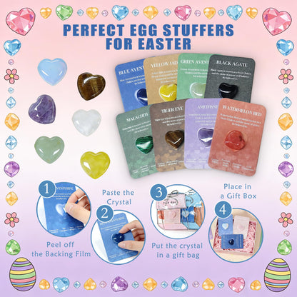 24 Packs Easter Egg Stuffers Crystals and Healing Stones with Heart Cards Classroom School Party Favors,Easter Gifts for Kids Healing Crystals Rock Gift Exchange Bulk Easter Basket Stuffers for Teen