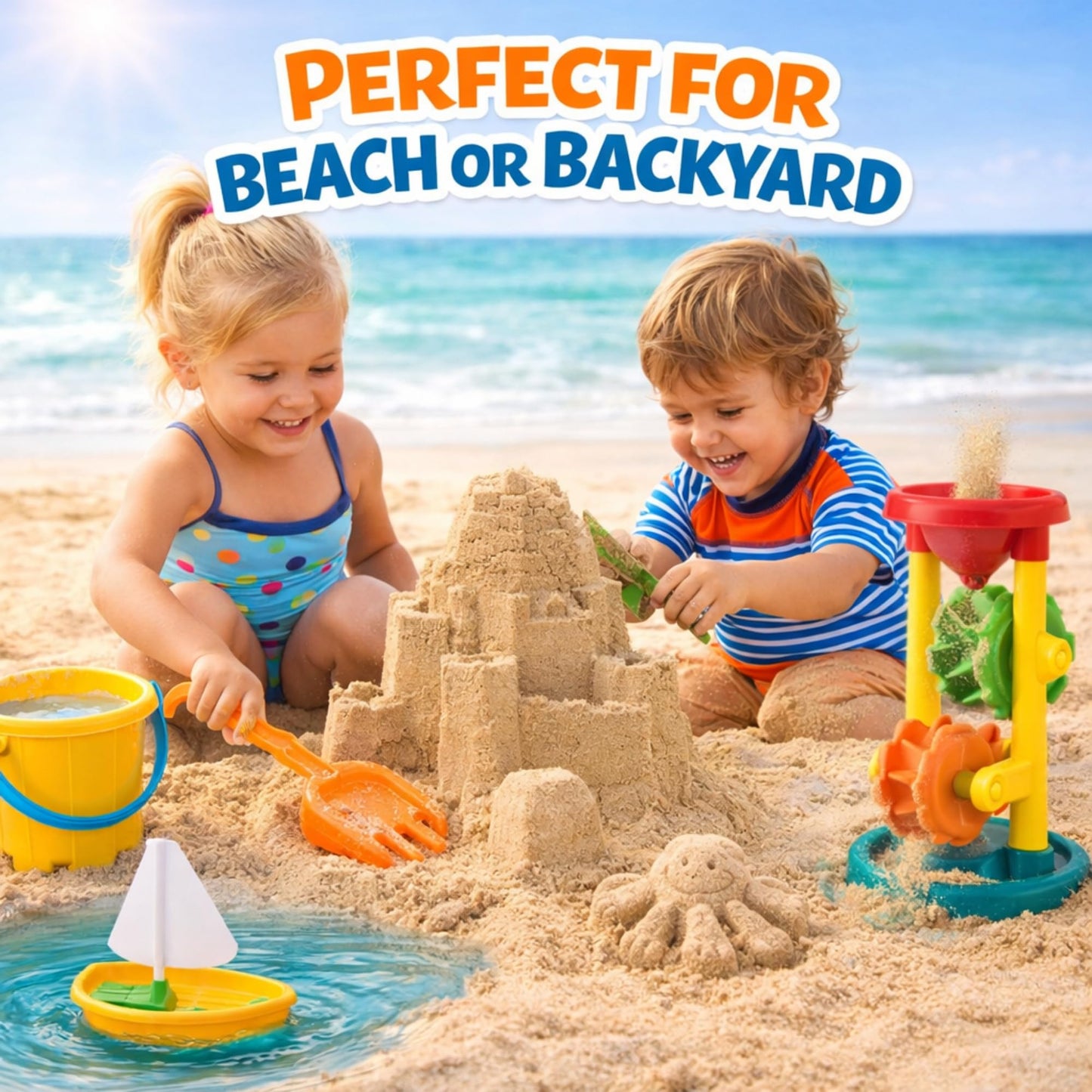 Liberty Imports Double Sand & Water Wheel Tower Beach Toy Set w/Built-in Funnel, Sieve, Bucket, Shovel, Rake, Animal Molds for Kids, Toddlers Play