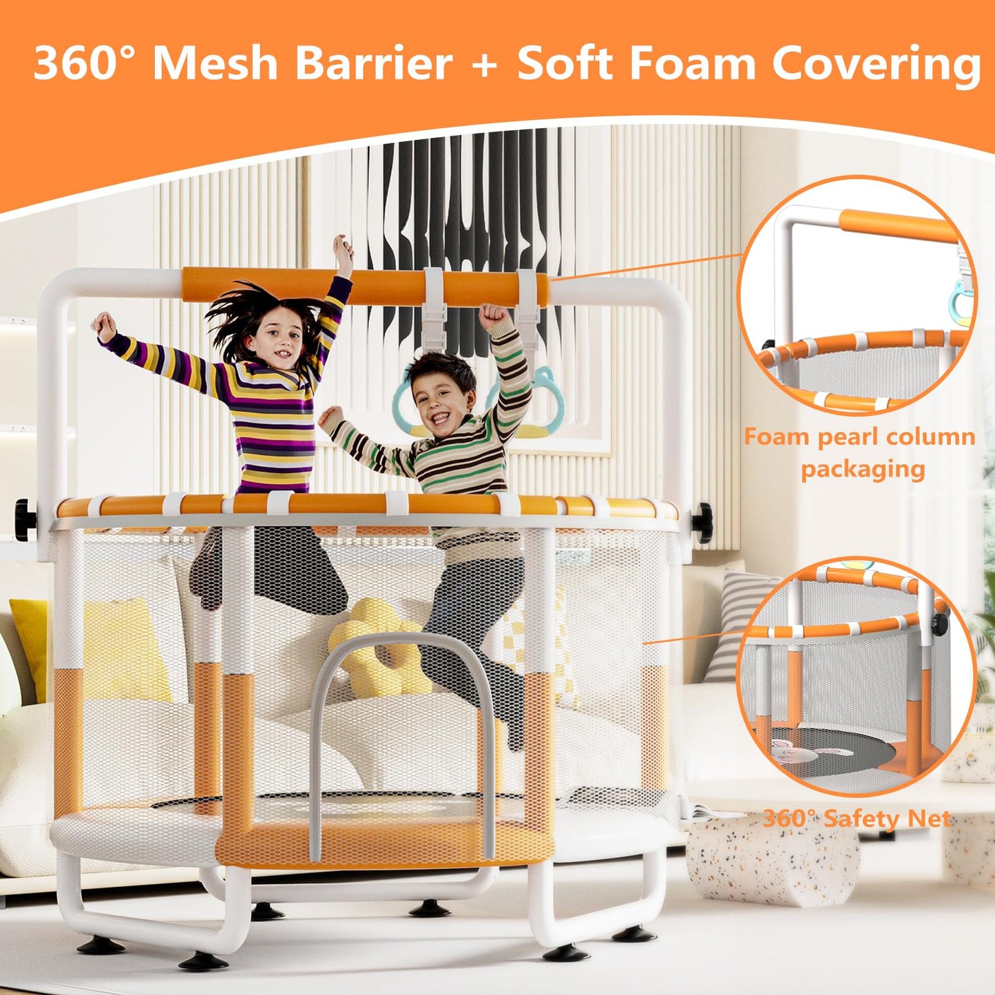KINETRA 55" Kids Indoor Trampoline with Safety Net, Adjustable Gymnastics Bar & Toys – Indoor/Outdoor Toddler Play Gym for Boys & Girls Ages 3+, Birthday Gifts (White (Powder-Coated))