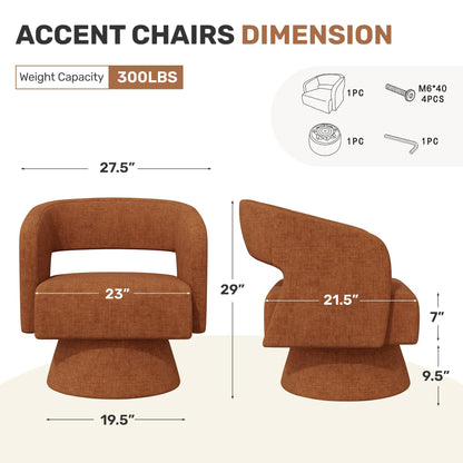 Nebuaegis Swivel Accent Chair Set of 2, Modern Comfy Chenille Barrel Chairs, Oversized Upholstered Round Arm Chair for Living Room, Bedroom, Reading Room, Caramel