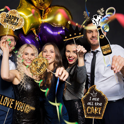 Outus 36 Pcs Birthday Photo Booth Props Kit Happy Birthday Graduation Wedding Party Favors Supplies Bday Party Decor 40th- 50th-60th Photobooth Funny Cute Holiday Selfie Supplies(Gold and Black)