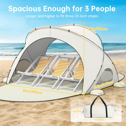 Raynesys Beach Tent Sun Shelter, Beach Shade Tent with UPF50+ UV Protection, Sun Shelter for 1-3 Person, Beaches Shade with 2 Zippered Doors, Portable Tents for Camping Fishing, Beige