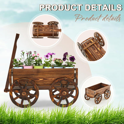 Beeveer Wooden Wagon Flower Planter Cart Garden Planter Box with Wagon Wheels Cart for Home Garden Outdoor Balcony Decorative, Patio Flowers Herbs Vegetables, Brown 34 x 23.5(Small Classic)