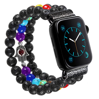 Chakra Healing Bracelet Lava Rock Protection Hamsa Hand Beaded Band Compatible with Apple Watch 10 9 8 7 SE 6 5 4 3 iwatch 38mm 40mm 42mm 44mm with Stainless Steel Adapter