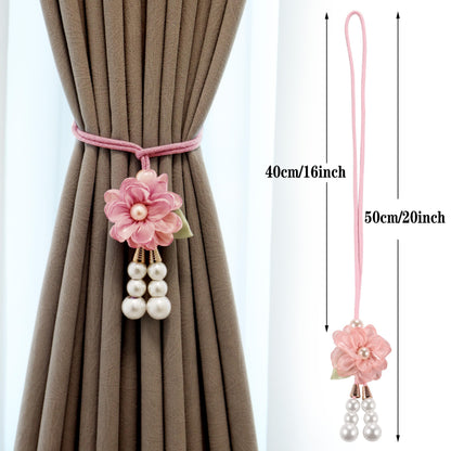 Adjustable Curtain Tiebacks， 4-Pack Hand-Woven Rope with Silk Flower & Pearl， Decorative Window Cord Holders for Drapery， Long Loop Design for All Curtain Thickness (Pink)