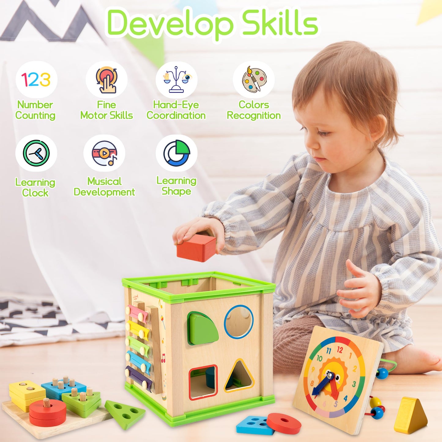 WOODMAM Wooden 7-in-1 Activity Cube| Montessori Toys for 1 Year Old Toddlers| Baby Educational Developmental Toys |One Year Old Boys Girls First Birthday Gifts |Bonus Sorting & Stacking Board