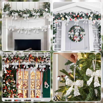 Thyle 12 Pcs Glitter Christmas Bow Ornaments for Christmas Tree Decorations 3.94'' White Shiny Wreath Bows Pendant Xmas Tree Hanging Ornaments for Holiday Winter Home New Year Party Decorations