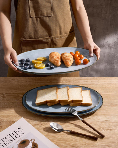 famiware Serving Platter, Oval 15.59/14.3/12.9inch Serving Dishes for Entertaining, Serving Bowls, Reactive Glaze, Stoneware Serving Trays for Party, Food, Turkey, Cheese, Ocean Series, Blue