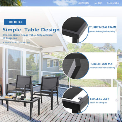 Vongrasig 4 Pieces Patio Furniture Sets,Outdoor Patio Conversation Sets with Glass Coffee Table, Small Porch Balcony Furniture, Patio Table and Chairs Set for Garden, Backyard (Black)