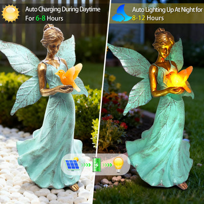 Solar Fairy Garden Statue Decor - Gifts for Women Mom Mother's Day, 10 Inch Angel Girls Resin Figurine Waterproof Home Decoration with Hummingbird LED Lights for Bedroom Balcony Table Yard Patio