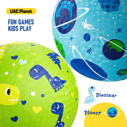 Playground Balls for Toddlers 1-3, 2 Pack 8.5 inch Kickball for Kids Outdoor Indoor, Catoon Dinosaur Planet Rubber Balls with Pump, Child Gift for Boys Girls 1-3 3-5 5-10, Easter Basket Stuffers