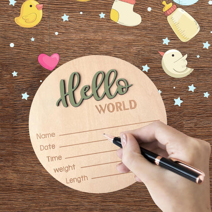 Baby Announcement Sign, 5.9 Inch Wooden Hello World Newborn Signs, Birth Announcement Sign, Baby Shower Hospital Nursery for Newborn Boys and Girls (Forest Green)