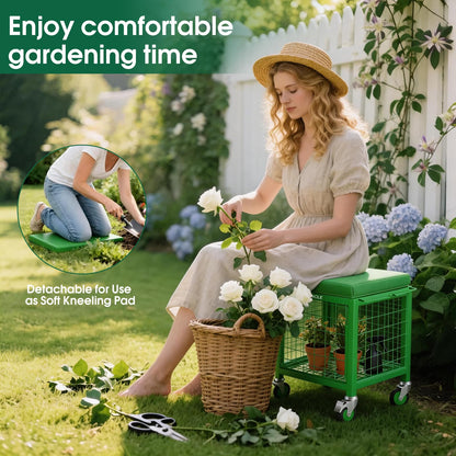 TITIUNCLE Rolling Garden Cart with Seat, 500 Lbs Garden seat with Wheels, Metal Garden Stools with Wheels for Seniors Lawn, Patio, Backyard Outdoor Use Wheelbarrow 3 in 1