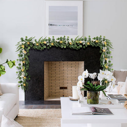 MDSTBN Eucalyptus Garland with Lights, 6FT Spring Garland Eucalyptus Leaves with Flower Berries Artificial Greenery Vine for Mantle Porch Wall Wedding Arch Backdrop Table Decoration