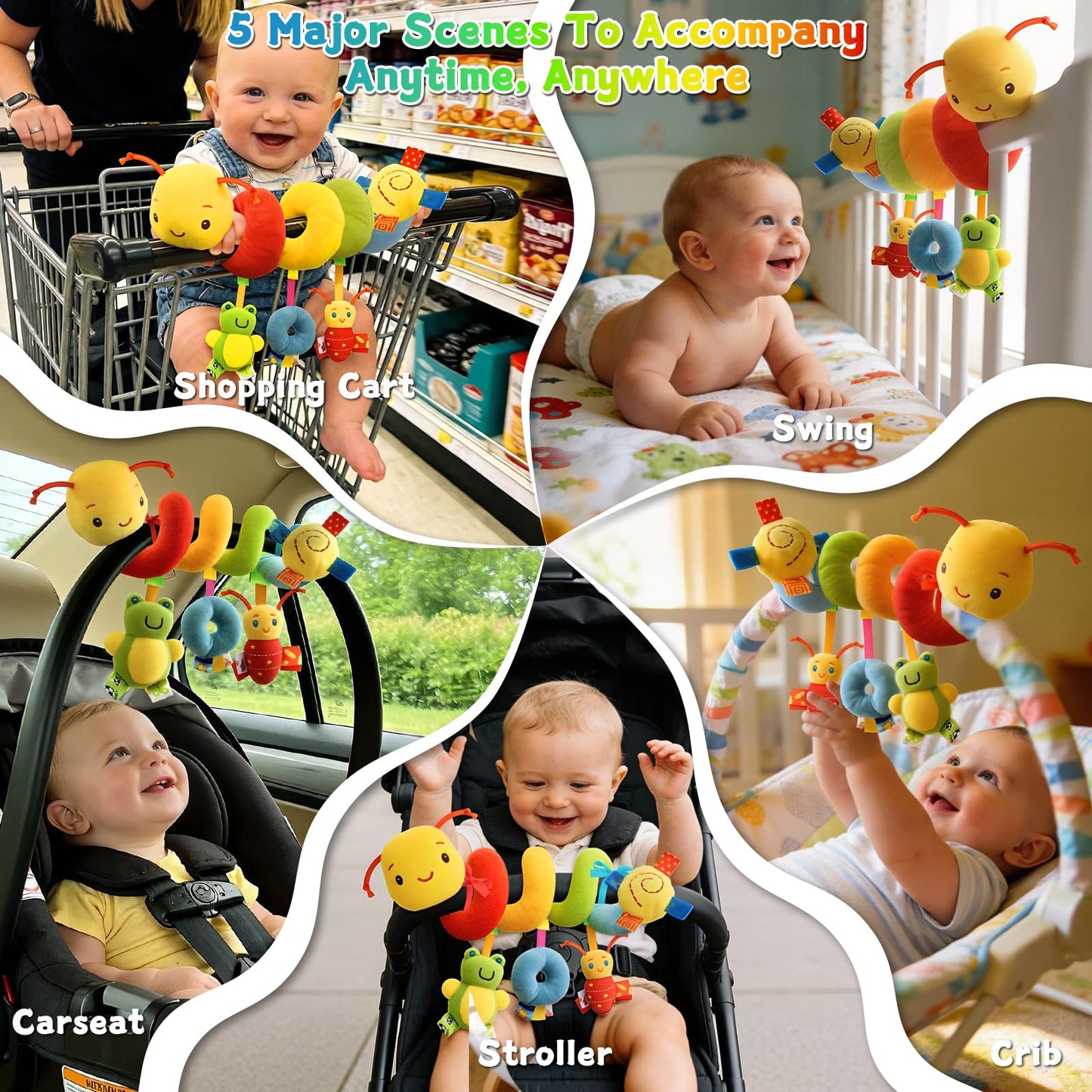 FPVERA Spiral Car Seat Toys - Baby Sensory Soft Plush Hanging Toys for 0-12 Months Stroller Crib Accessories, Essentials for Expecting Moms & Baby Shower Registry Gift