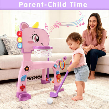 Toddler Basketball Hoop & Soccer Goal Activity Center with Golf Ring Toss, 4 In 1 Toddler Sport Toy with Light & Bilingual Music, Montessori Toy for 1 Year Old Girl Gift (24.2''-27.6'' H)