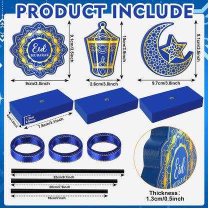 3 PCS Ramadan Table Decorations Wooden Eid Mubarak Signs Rustic Islamic Ramadan Tiered Tray Decor for Muslim Party Home Kitchen Decor (Blue.Classic)