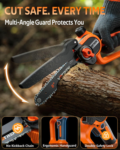 VOTREK® 8-Inch Mini Chainsaw Cordless, 3.0Ah Battery Powered Electric Chain Saw with 2 Chains, Brushless Motor, Auto Oiler, Tool-Free Tensioner for Tree Trimming and Yard Cleanup