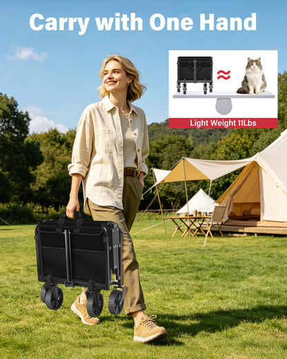 Folding Wagon Cart with All-Terrain Wheels – Heavy Duty Collapsible Utility Wagon for Grocery, Sports, Garden, Camping, Shopping (Black 360LBS)