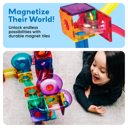 PicassoTiles 70pc Marble Run Magnetic Tiles STEM Set for Kids Ages 3 and Older Magnet Tile Marbles Maze Building Blocks Brain Development Toy Preschool Educational Learning Construction Playset PTG70