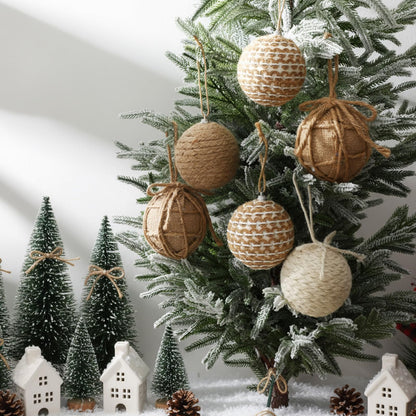 Leyndo 16 Pcs 3.15 Inch Burlap Christmas Ball Ornaments Rustic Farmhouse Christmas Tree Ornaments Neutral Jute Rope Hanging Balls Decorations Boho for Xmas Party Holiday Decor(Rustic Style)