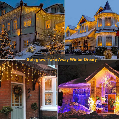 Nielfoi Warm White Christmas Lights Outdoor, 66ft 640 LED Icicle Lights for Outside House with Connectable Clear Wire 8 Modes Timer, Plug in Waterproof for Eaves Yard Party Indoor Holiday Decoration