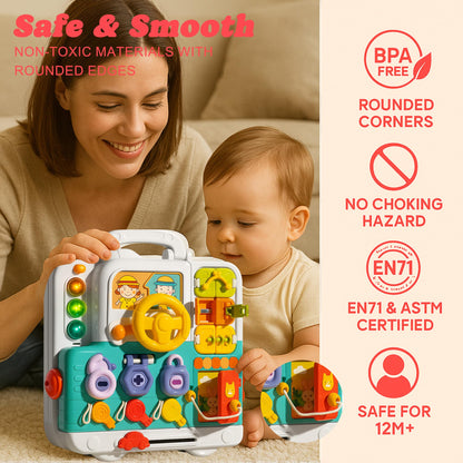 ROHSCE Baby Soft Blocks 34 PCS + Montessori Busy Board, Blocks 6-12 Months, STEM Stacking Toys, Sensory Activity Board Toddlers 1-3, Lights & Music, Travel Toy Airplane/Car, Gifts for Boys Girls